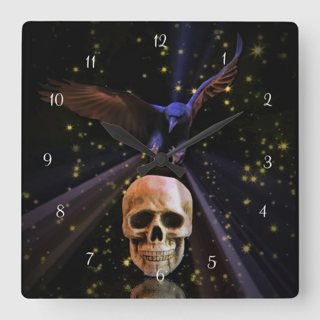 Reloj Cuadrado Cuervo o grajo gótico y calavera (Anverso)