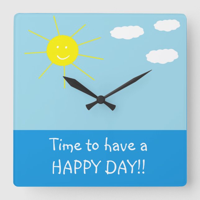 Reloj Cuadrado Cuidada Feliz Día Soleado Dibujando Azul (Anverso)