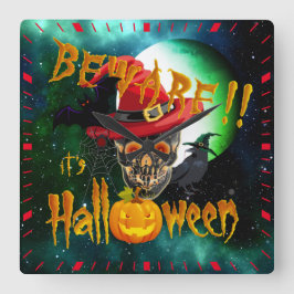 Reloj Cuadrado Cuidado con el Creepy Skull y la Luna de Halloween