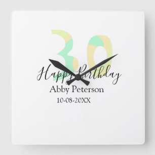 Reloj Cuadrado cumpleaños 30 negrita letra pastel amarillo negro 
