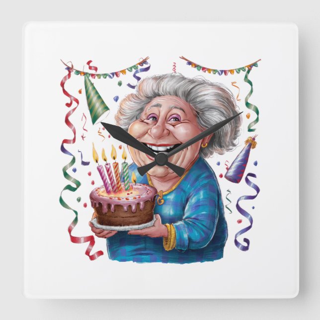 Reloj Cuadrado Cumpleaños de Abuela con Gran Sonrisa (Anverso)