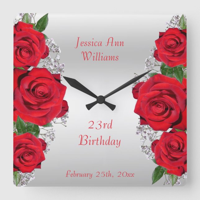 Reloj Cuadrado Cumpleaños de hermosas rosas rojas románticas (Anverso)