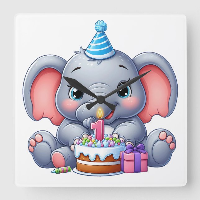 Reloj Cuadrado Cumpleaños del elefante bebé 1 (Anverso)