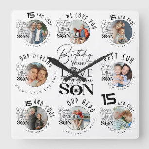 Reloj Cuadrado Cumpleaños del Hijo 8 Fotocolage Tipografía 