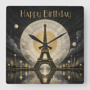 Reloj Cuadrado Cumpleaños París Torre Eiffel Deco Dorado