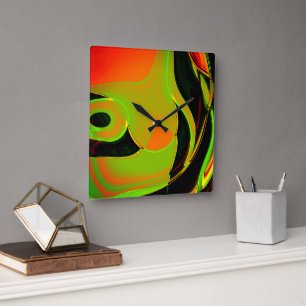 Reloj Cuadrado Curvas abstractas en verde cal con baño naranja