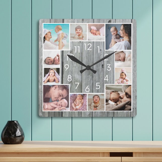 Reloj Cuadrado Custom 12 Family Photo Collage Rustic Gray Wood (Subido por el creador)