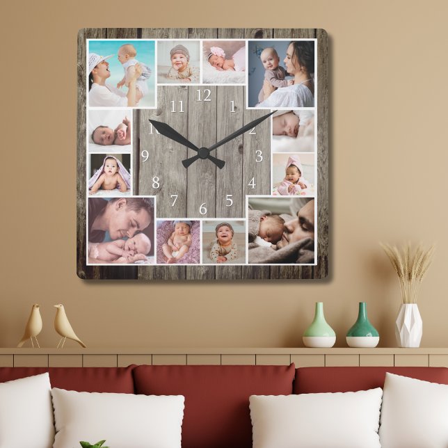 Reloj Cuadrado Custom 12 Family Photo Collage Rustic Wood   (Subido por el creador)