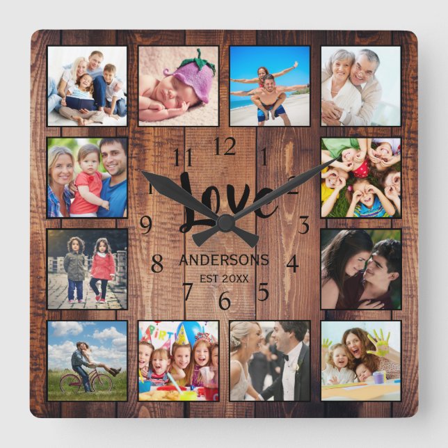 Reloj Cuadrado Custom 12 Photo Collage Family Love Reclaimed Wood (Anverso)