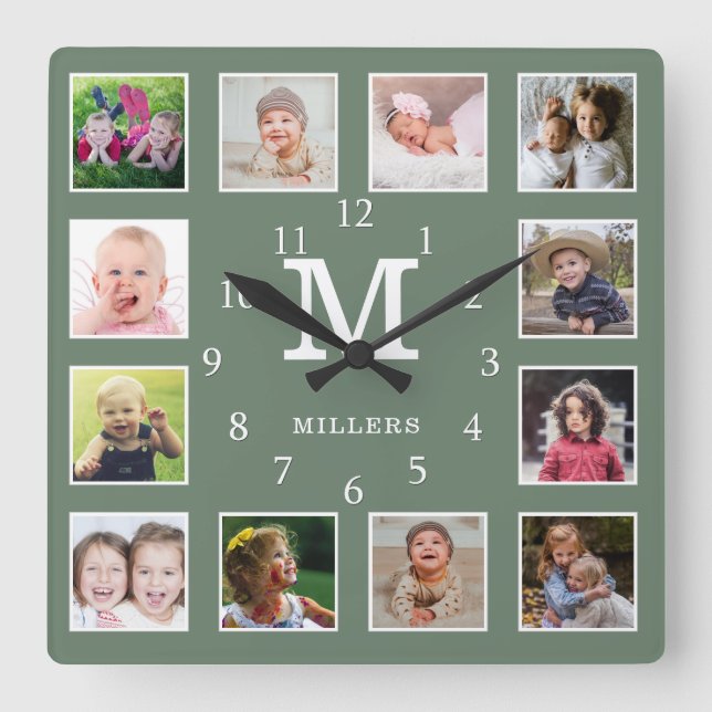 Reloj Cuadrado Custom 12 Photo Collage Family Name Monogram Green (Anverso)