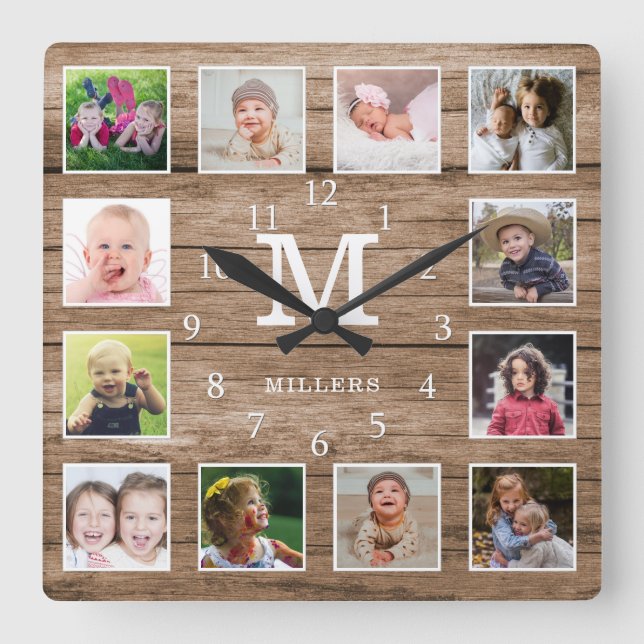 Reloj Cuadrado Custom 12 Photo Collage Family Name Monogram Wood (Anverso)