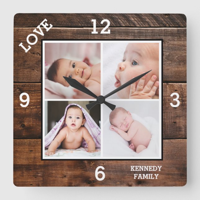 Reloj Cuadrado Custom 4 Photo Collage Family Name Love Dark Wood (Anverso)
