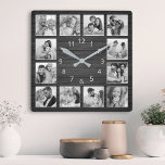 Reloj Cuadrado Custom Photo Collage Elegant Black Wood Family<br><div class="desc">Easily personalize this black wooden plank elegant style wall clock with your custom photos. The template uses a black and white photo filter to create a more coordinated look. For best results,  crop the images to square - with the focus point in the center - before uploading.</div>