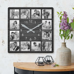 Reloj Cuadrado Custom Photo Collage Elegant Black Wood Family<br><div class="desc">Easily personalize this black wooden plank elegant style wall clock with your custom photos. The template uses a black and white photo filter to create a more coordinated look. For best results,  crop the images to square - with the focus point in the center - before uploading.</div>