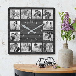 Reloj Cuadrado Custom Photo Collage Elegant Black Wood Family