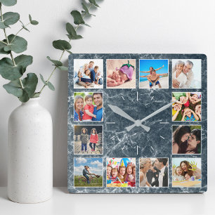 Reloj Cuadrado Custom Photo Collage Elegant Navy Blue Marble
