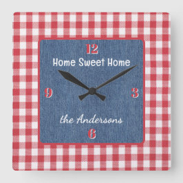 Reloj Cuadrado Custom, Red and White Check, Blue Denim Print