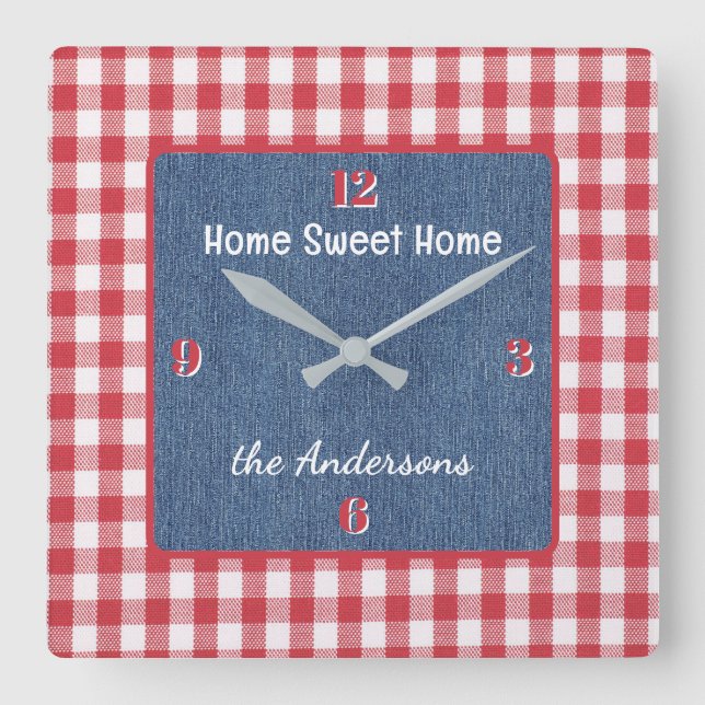 Reloj Cuadrado Custom, Red and White Check, Blue Denim Print (Anverso)