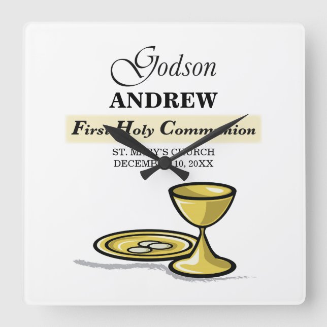 Reloj Cuadrado Customizable, Godson First Communion Chalice (Anverso)