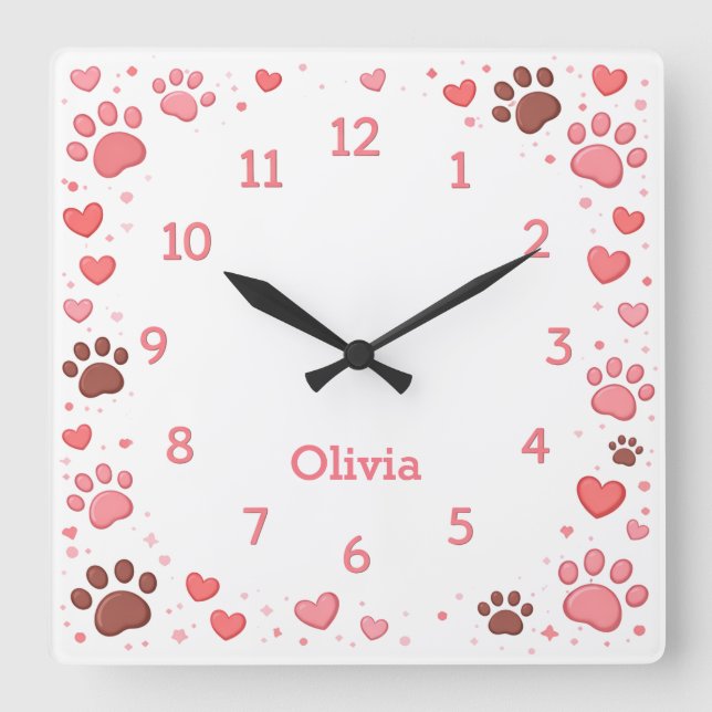 Reloj Cuadrado Customizable Name Pet Paw Print Wall Clock (Anverso)