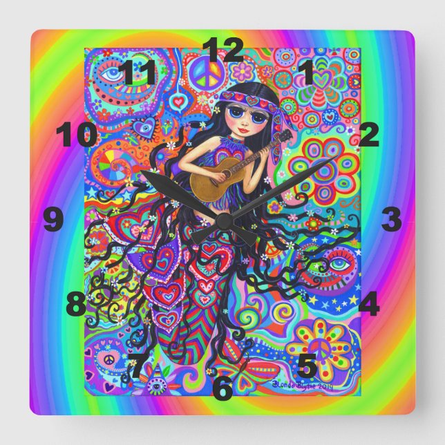 Reloj Cuadrado Cuta Psicodelia Hippie Sirenita Chica Chick Guitar (Anverso)