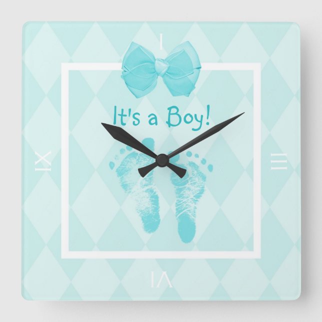 Reloj Cuadrado Cute Baby Boy Footprints Anuncio de Nacimiento (Anverso)