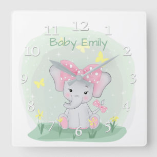 Reloj Cuadrado  Cute baby elephant with a pink bow in a clearing 