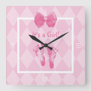 Reloj Cuadrado Cute Baby Girl Footprints Birth Announcement