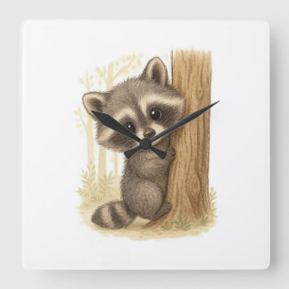 Reloj Cuadrado Cute Baby Raccoon Peek-a-Boo Forest