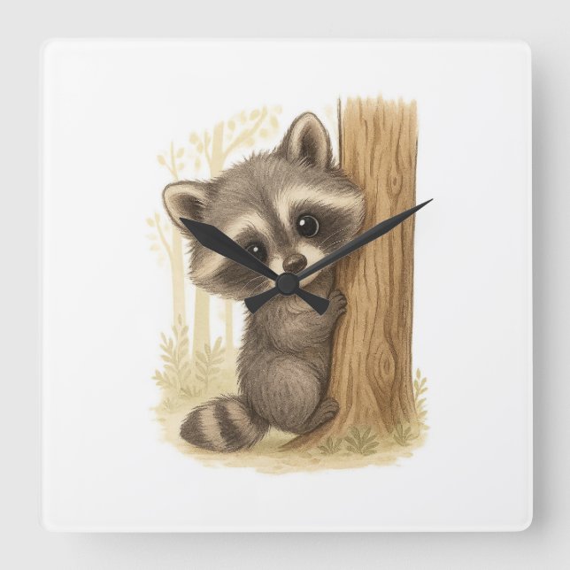 Reloj Cuadrado Cute Baby Raccoon Peek-a-Boo Forest (Anverso)