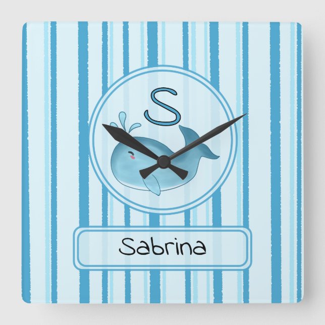 Reloj Cuadrado Cute Baby Whale Blue Stripes (Anverso)