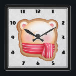 Reloj Cuadrado Cute Bear Face Red Scarf & Rosy Cheeks Christmas<br><div class="desc">A clock with a cute and adorable bear face set on a cookie base. Wearing a red and white striped scarf.
Background is silver with random circles pattern.</div>