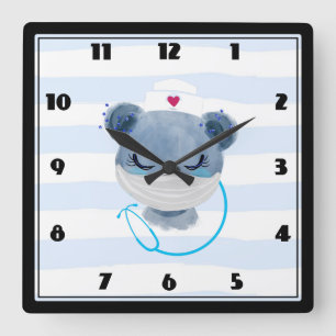 Reloj Cuadrado Cute Bear Nurse wearing a Protective Mask