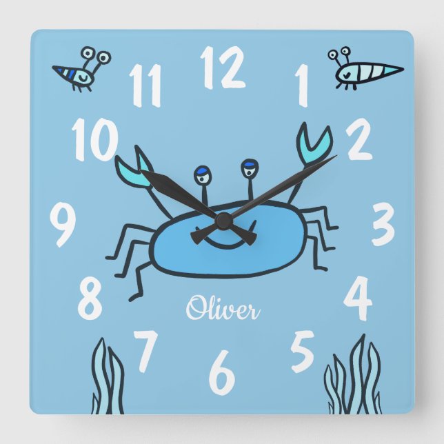 Reloj Cuadrado Cute Blue Crab Sea Animal Boy Name (Anverso)