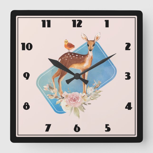 Reloj Cuadrado Cute Brown Watercolor Deer Rustic (Anverso)
