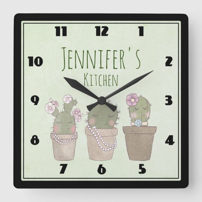 Reloj Cuadrado Cute Cactus Trio Wearing Jewelry (Anverso)