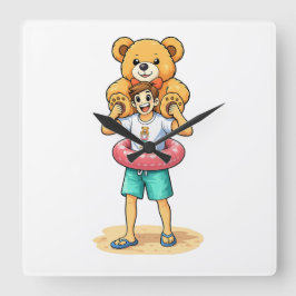 Reloj Cuadrado Cute Cartoon Man with Giant Teddy Bear Summer Fun