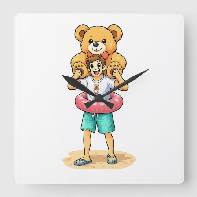Reloj Cuadrado Cute Cartoon Man with Giant Teddy Bear Summer Fun (Anverso)
