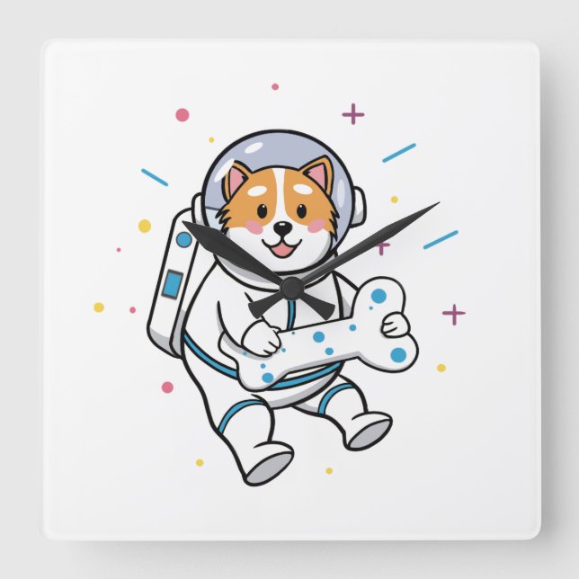 Reloj Cuadrado Cute Cat Astronaut in Space Wall Clock (Anverso)