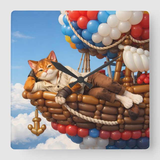 Reloj Cuadrado Cute Cat Balloon Kids Room Wall Clock Decor (Anverso)