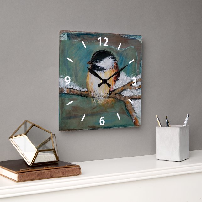 Reloj Cuadrado Cute Chickadee Bird Art (Cute Chickadee Bird Art Square Wall Clock from Jenn's Emporium.)