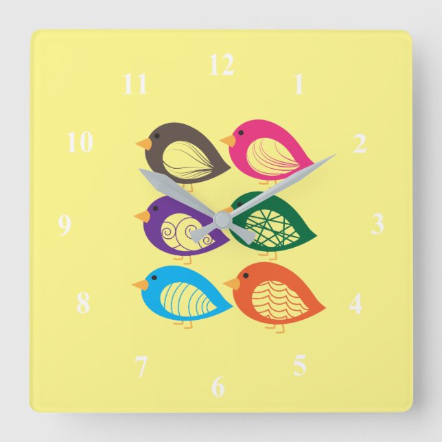 Reloj Cuadrado Cute colorful quirky birds (Anverso)