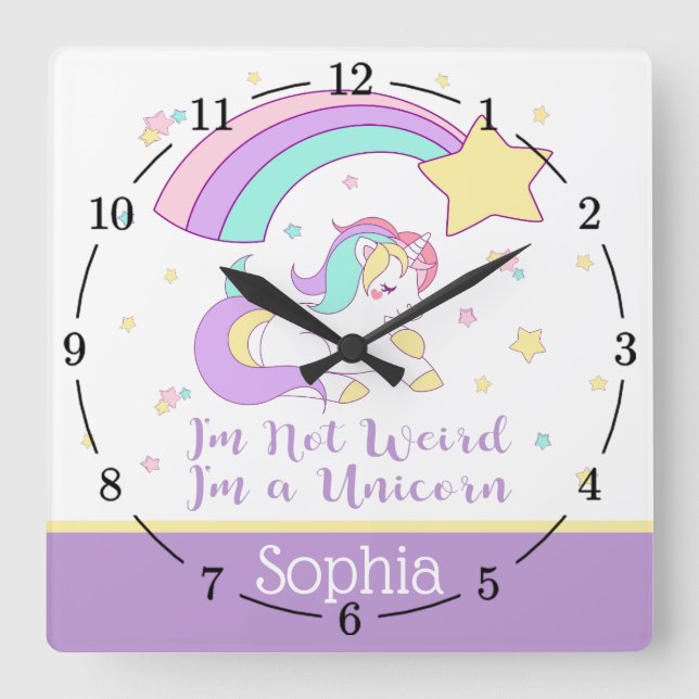 Reloj Cuadrado Cute Custom Personalized Magical Rainbow Unicorn (Anverso)