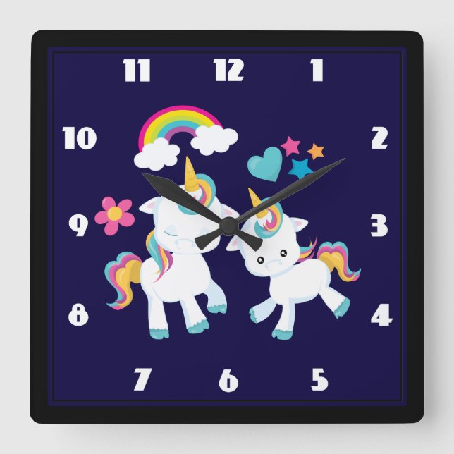 Reloj Cuadrado Cute Dancing Unicorns Magical Rainbow & Stars (Anverso)
