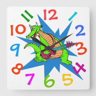 Reloj Cuadrado Cute Dinasour Jugando Guitarra Niños Sala Pared Re