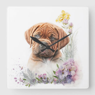 RELOJ CUADRADO CUTE DOGUE DE BORDEAUX PERRO Y FLORES