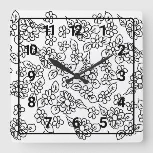 Reloj Cuadrado Cute floral flowers black and white