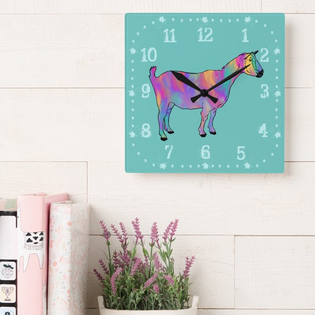 Reloj Cuadrado Cute Goat Colorful Animal Art (Cute goat colorful animal art wall clock watercolor swash pink purple yellow teal green)