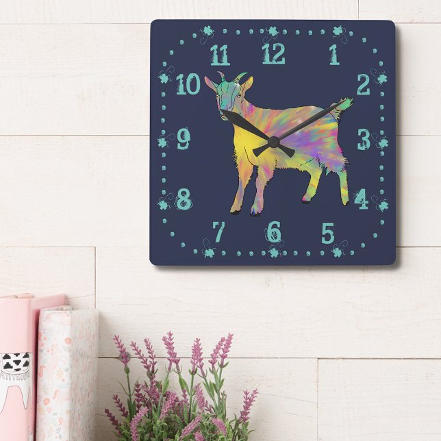 Reloj Cuadrado Cute Goat Colorful Farm Animal Art (Cute goat colorful farm animal art navy blue wall clock for animal lovers)