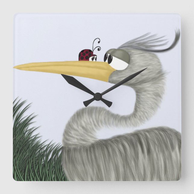 Reloj Cuadrado Cute Heron y Ladybug (Anverso)